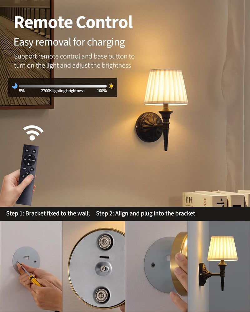 KDG Cordless Wall Sconces Set of 2, Small Wireless 5200mAh Rechargeable Battery Fabric LED Wall Lamps, Portables Lightings for Wall Painting, Living Room, Bedroom, Hallway, Gifts, Night Light (Black) - Image 4